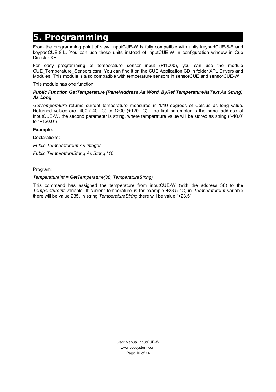Programming | CUE inputCUE-W User Manual | Page 10 / 14