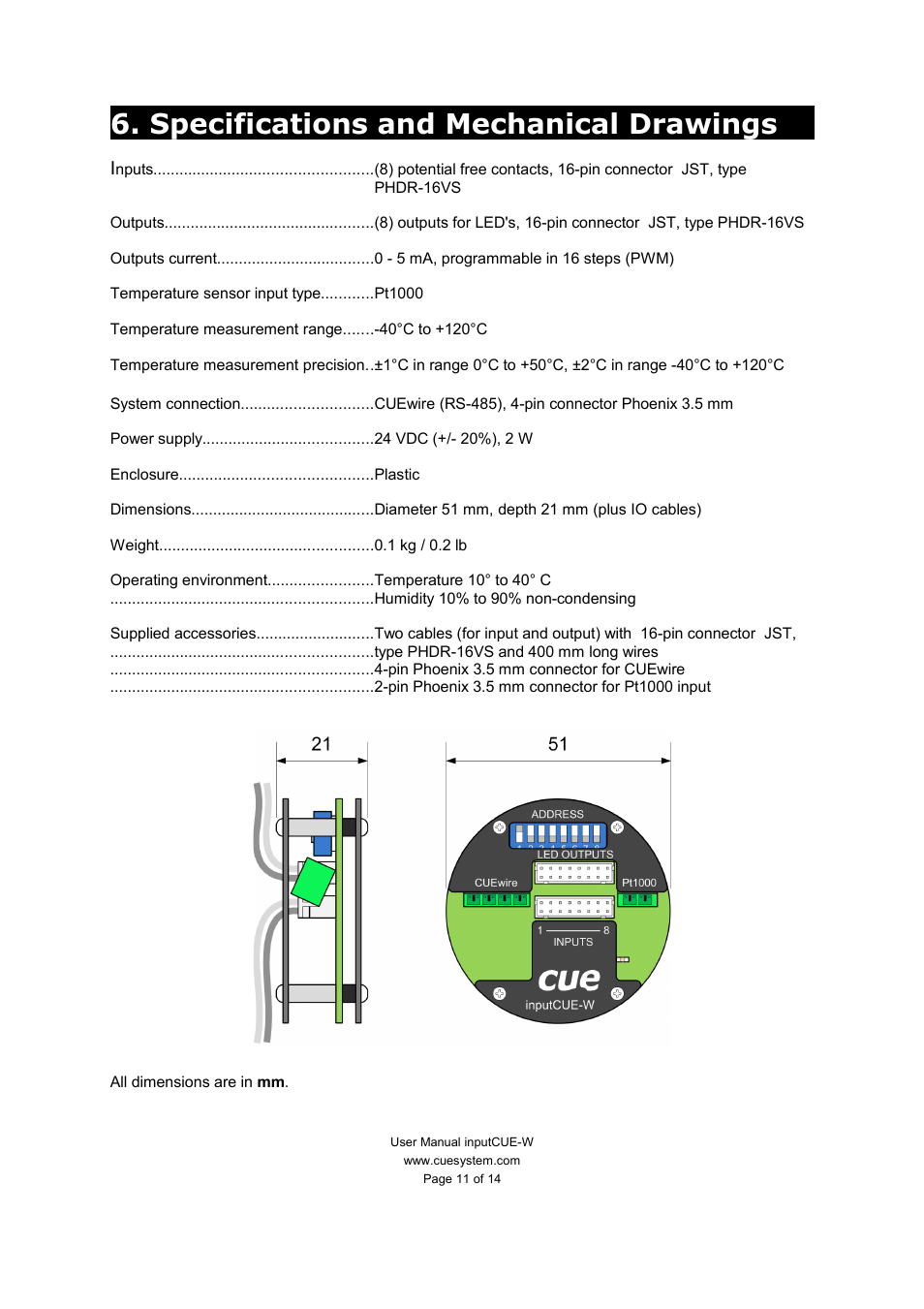 Specifications and mechanical drawings | CUE inputCUE-W User Manual | Page 11 / 14