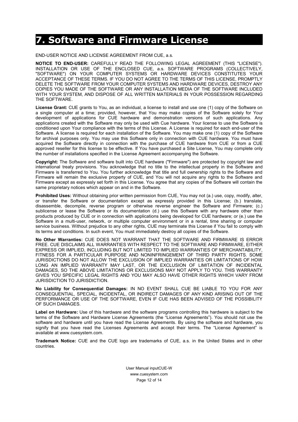 Software and firmware license | CUE inputCUE-W User Manual | Page 12 / 14