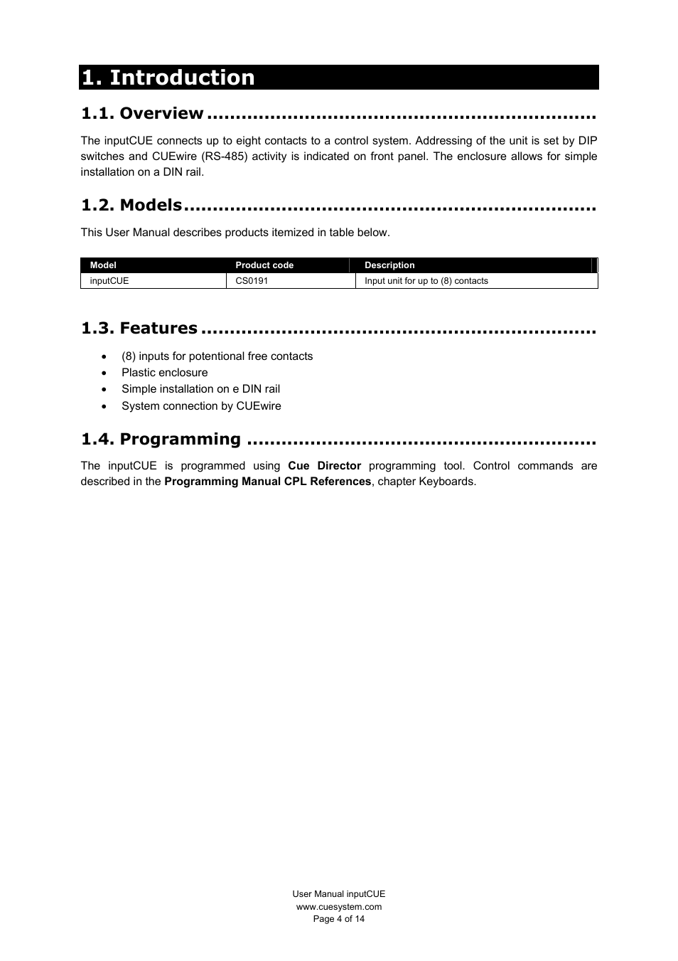 Introduction, Overview, Models | Features, Programming | CUE inputCUE User Manual | Page 4 / 14