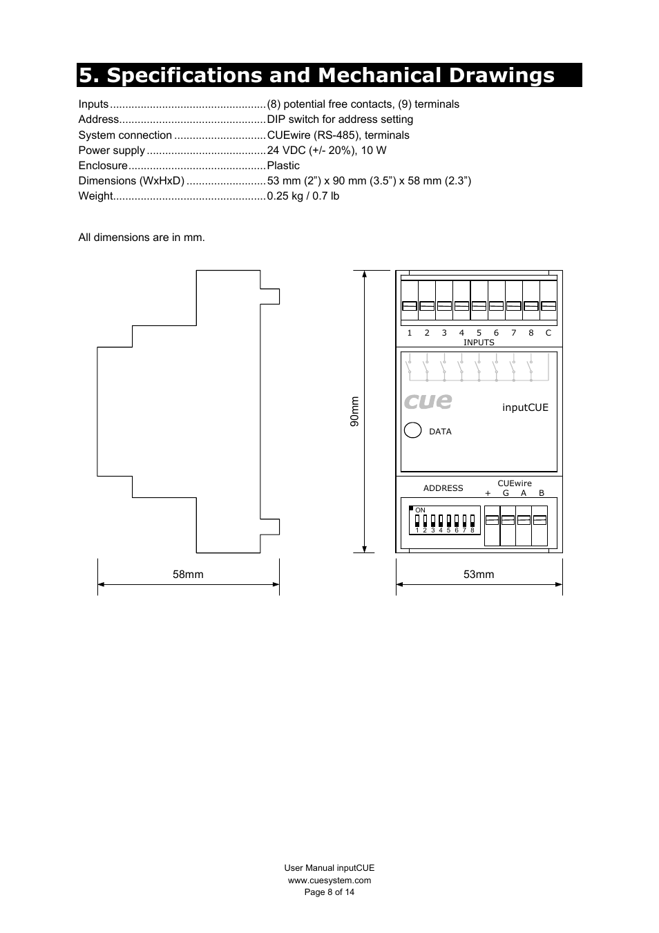 Specifications and mechanical drawings | CUE inputCUE User Manual | Page 8 / 14