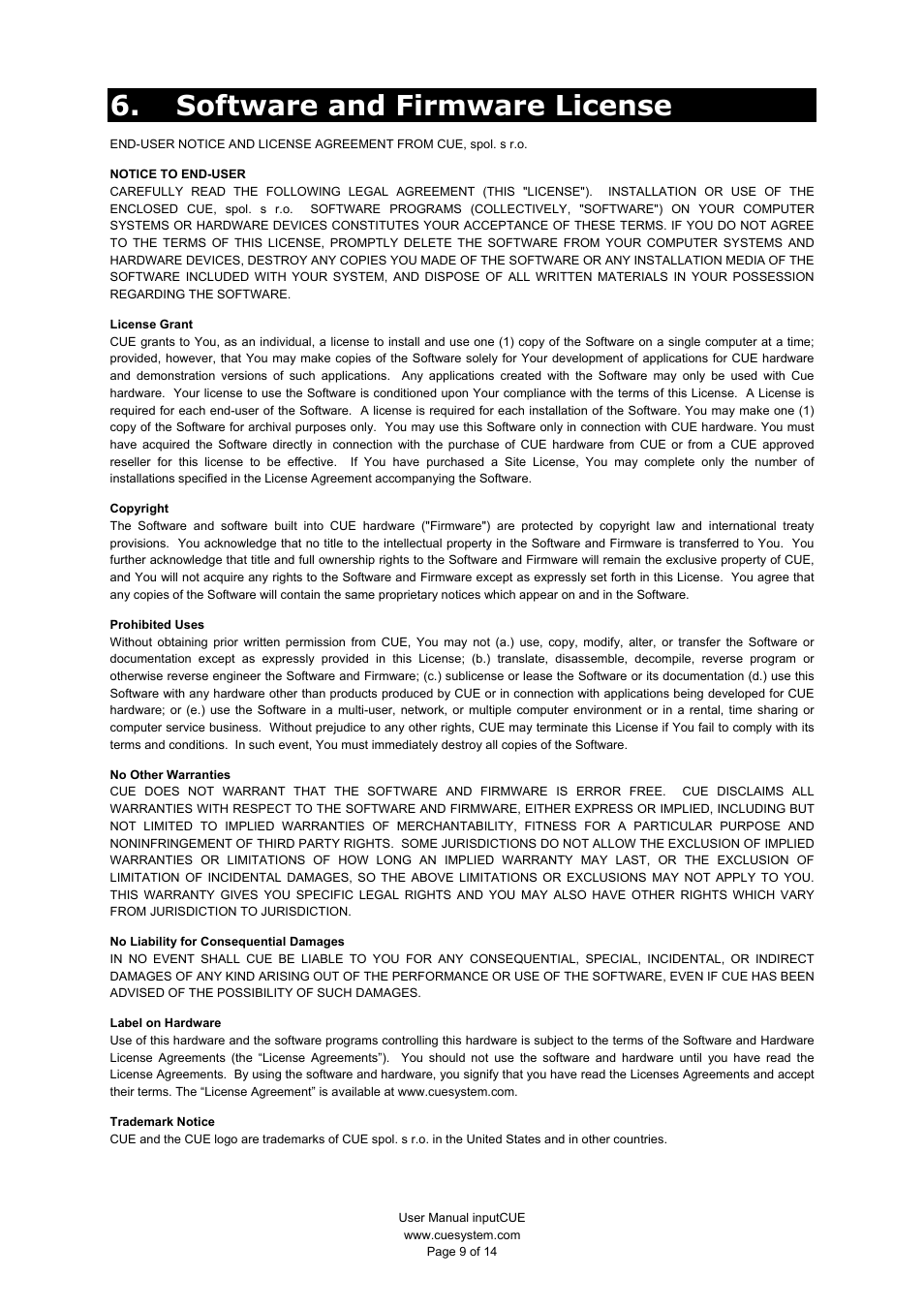 Software and firmware license | CUE inputCUE User Manual | Page 9 / 14