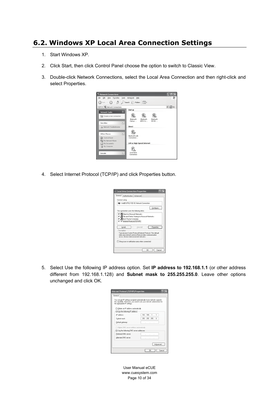 Windows xp local area connection settings | CUE eCUE User Manual | Page 10 / 34