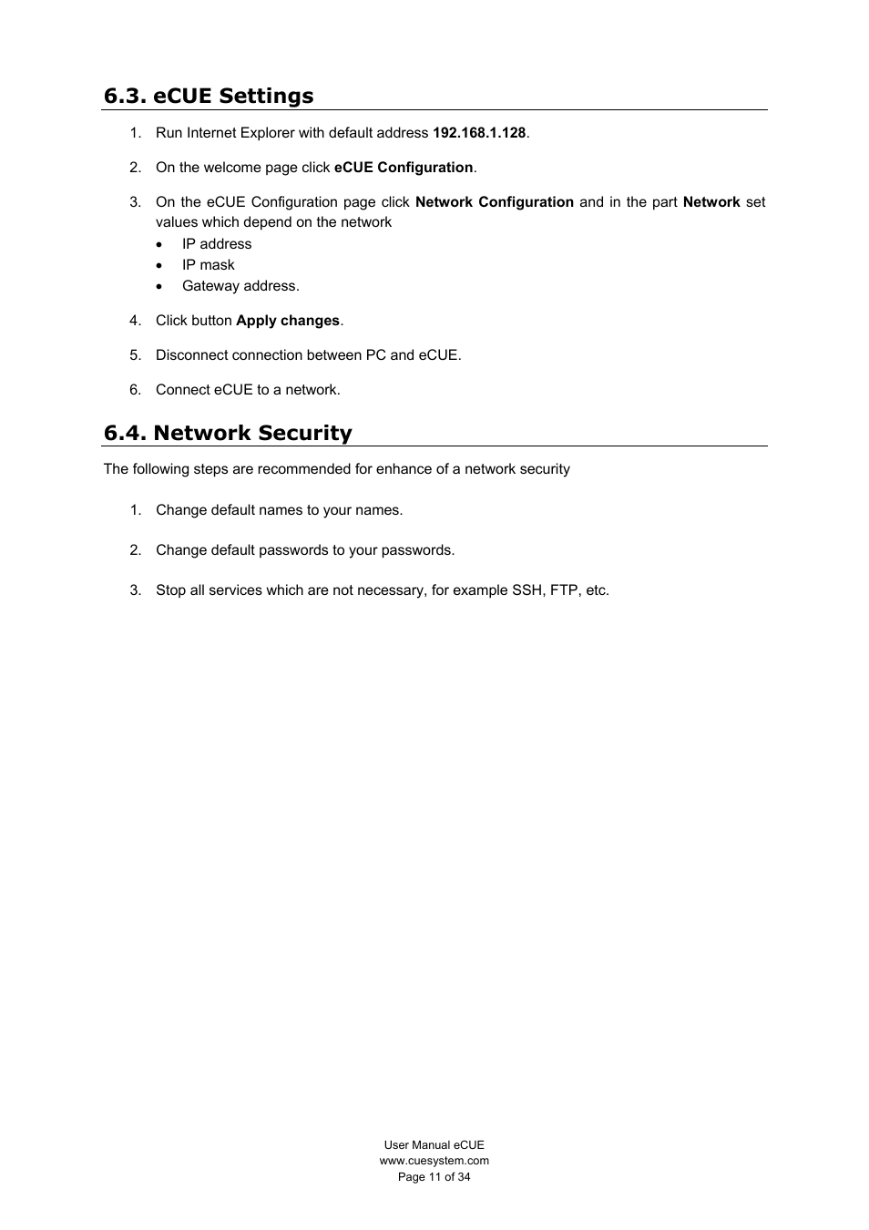 Ecue settings, Network security | CUE eCUE User Manual | Page 11 / 34