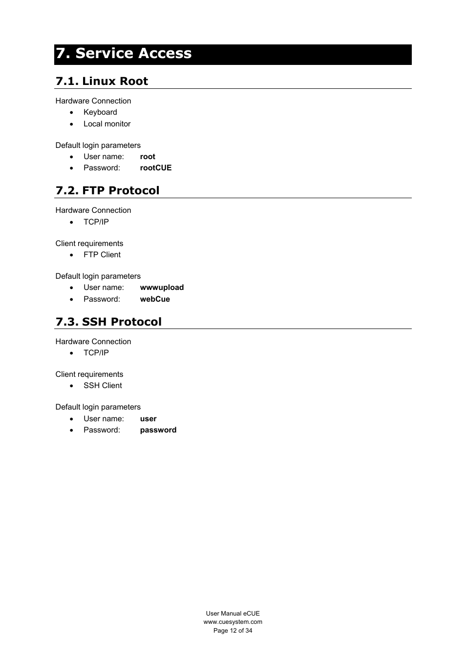 Service access, Linux root, Ftp protocol | Ssh protocol | CUE eCUE User Manual | Page 12 / 34