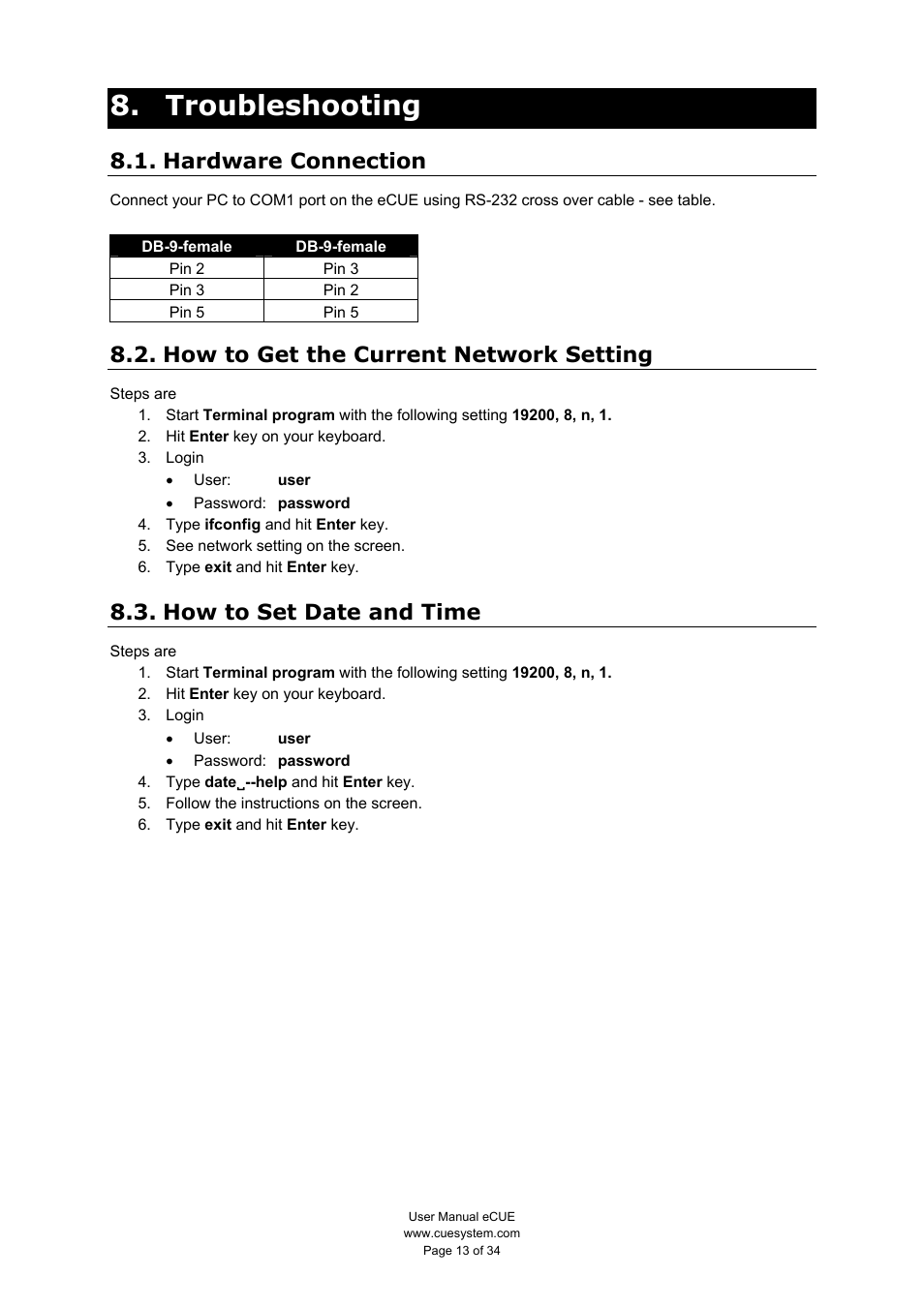 Troubleshooting, Hardware connection, How to get the current network setting | How to set date and time | CUE eCUE User Manual | Page 13 / 34