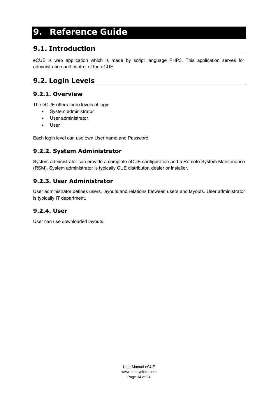 Reference guide, Introduction, Login levels | Overview, System administrator, User administrator, User | CUE eCUE User Manual | Page 14 / 34