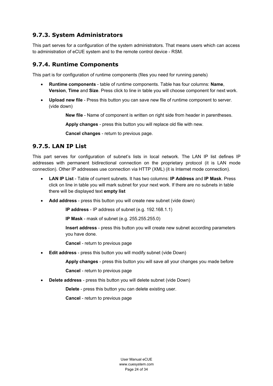 System administrators, Runtime components, Lan ip list | CUE eCUE User Manual | Page 24 / 34