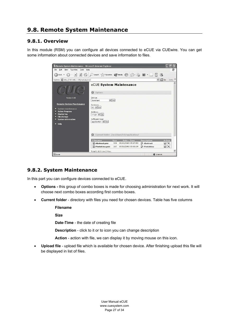 Remote system maintenance, Overview, System maintenance | CUE eCUE User Manual | Page 27 / 34
