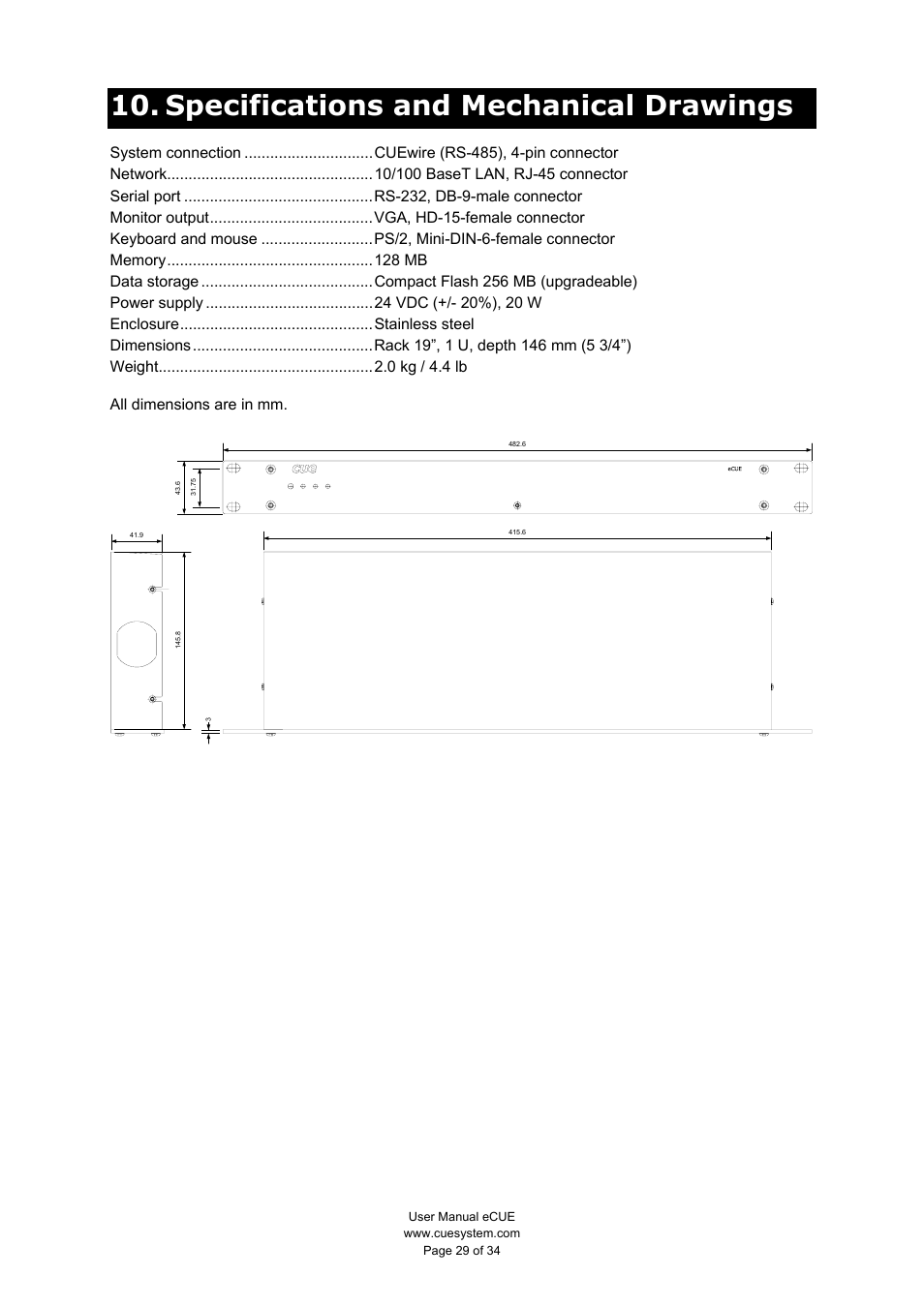 Specifications and mechanical drawings | CUE eCUE User Manual | Page 29 / 34