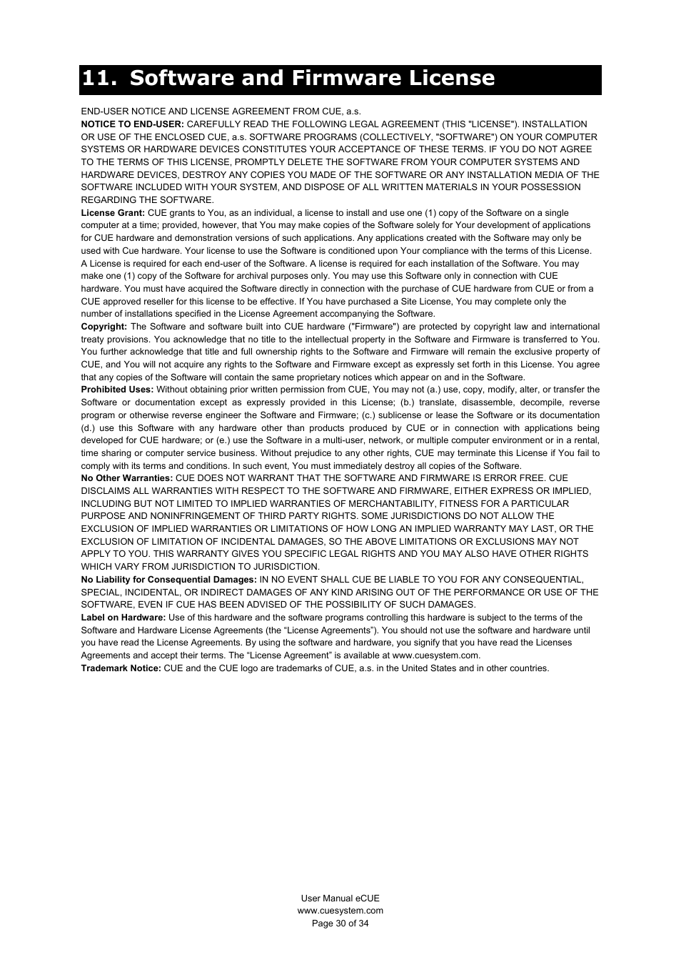 Software and firmware license | CUE eCUE User Manual | Page 30 / 34