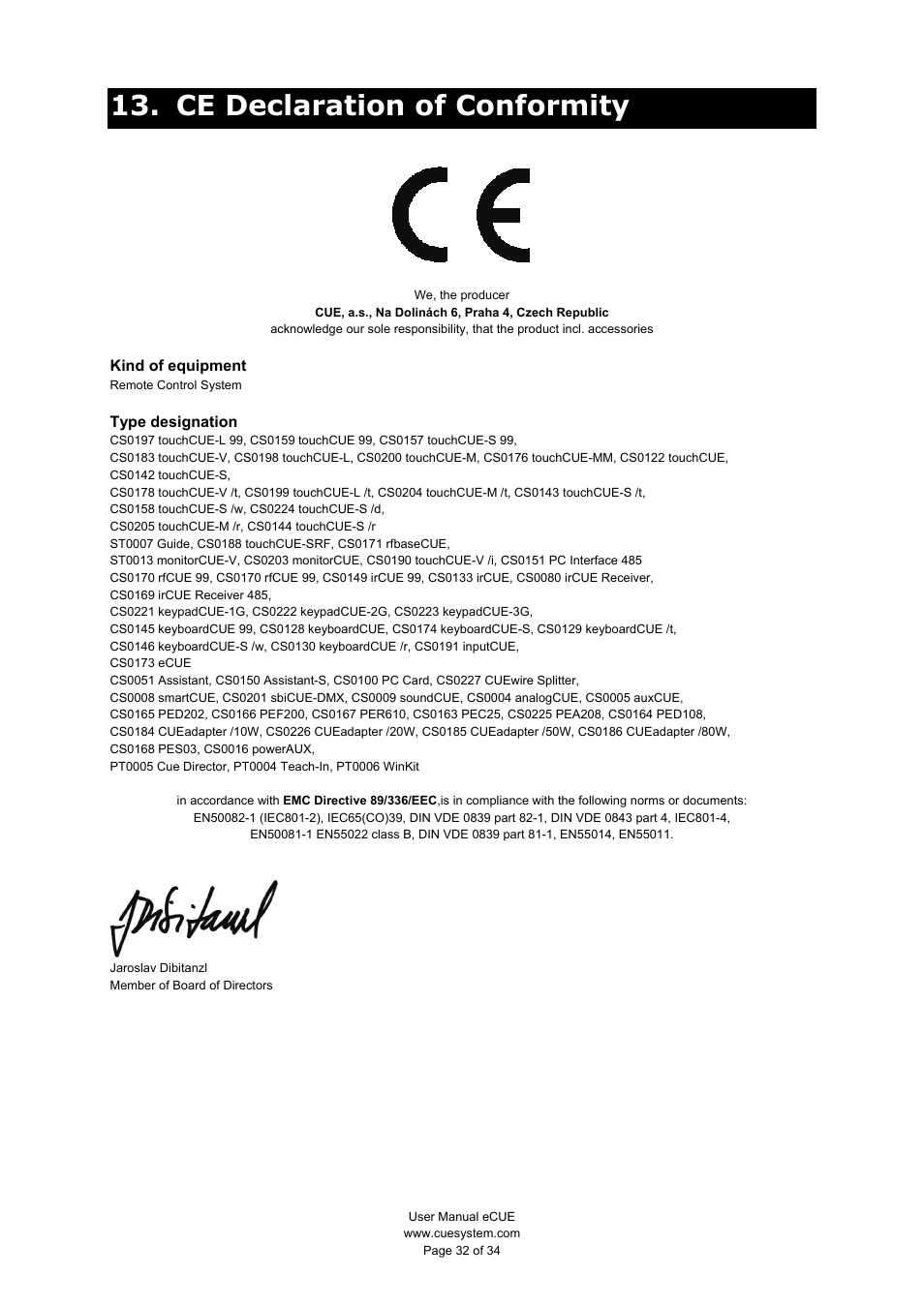 Ce declaration of conformity | CUE eCUE User Manual | Page 32 / 34