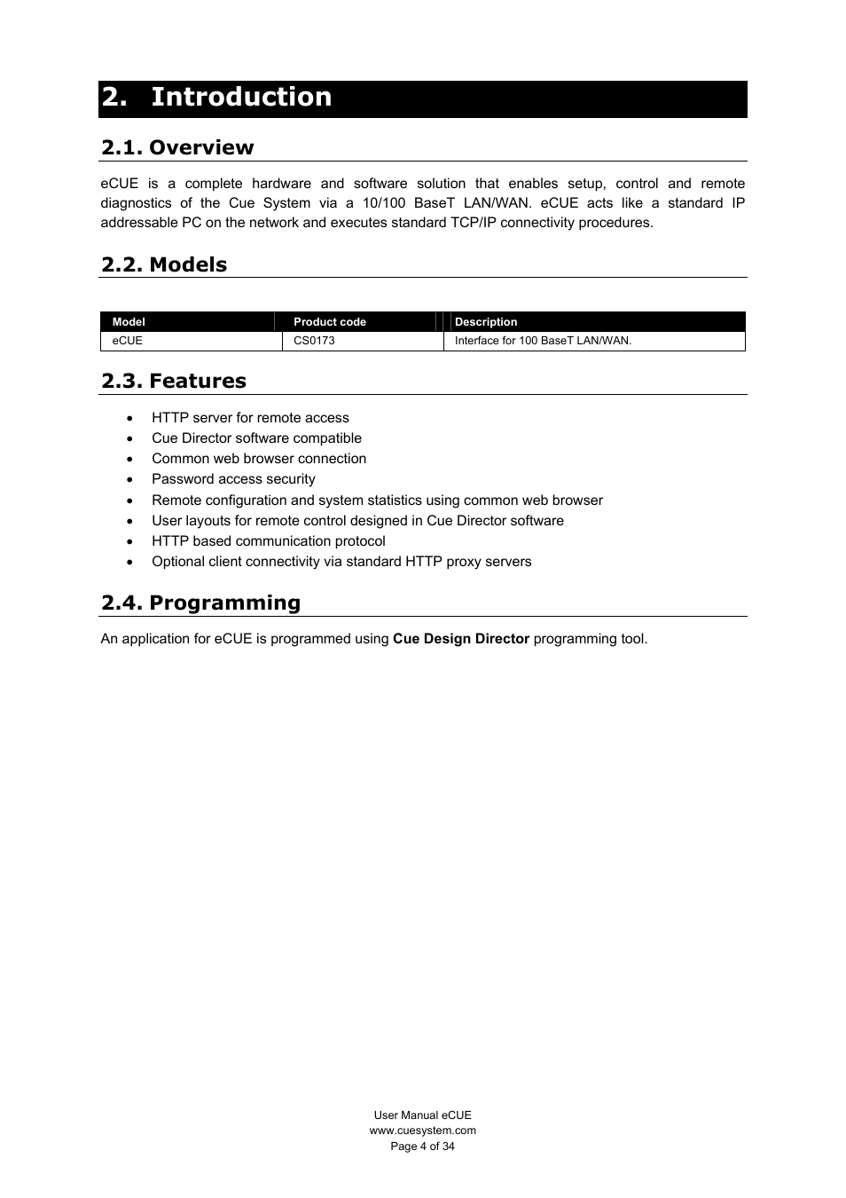 Introduction, Overview, Models | Features, Programming | CUE eCUE User Manual | Page 4 / 34