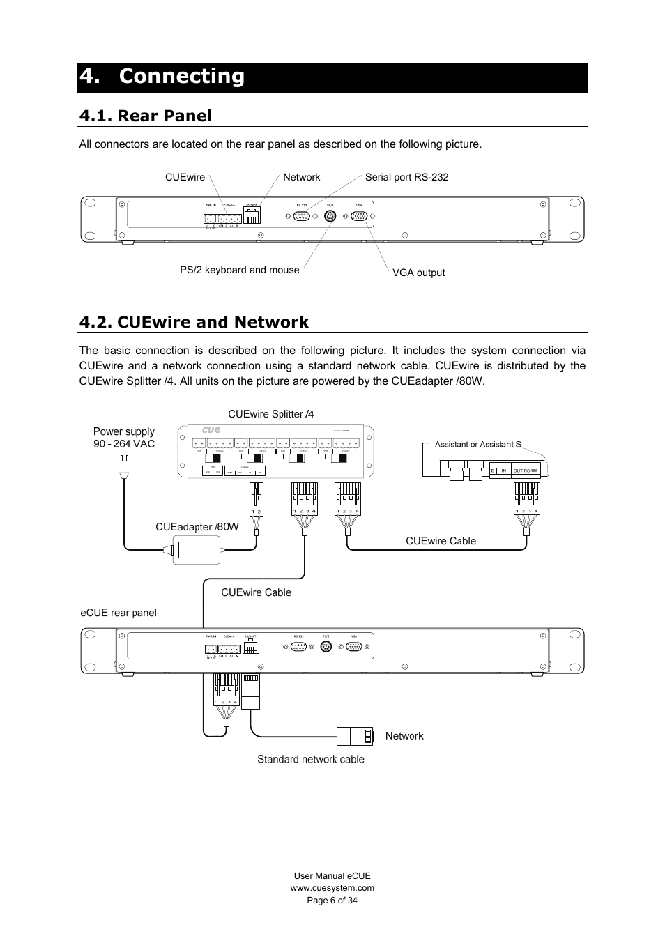 Connecting, Rear panel, Cuewire and network | CUE eCUE User Manual | Page 6 / 34