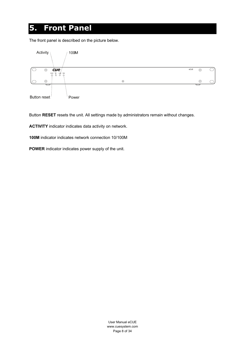 Front panel | CUE eCUE User Manual | Page 8 / 34
