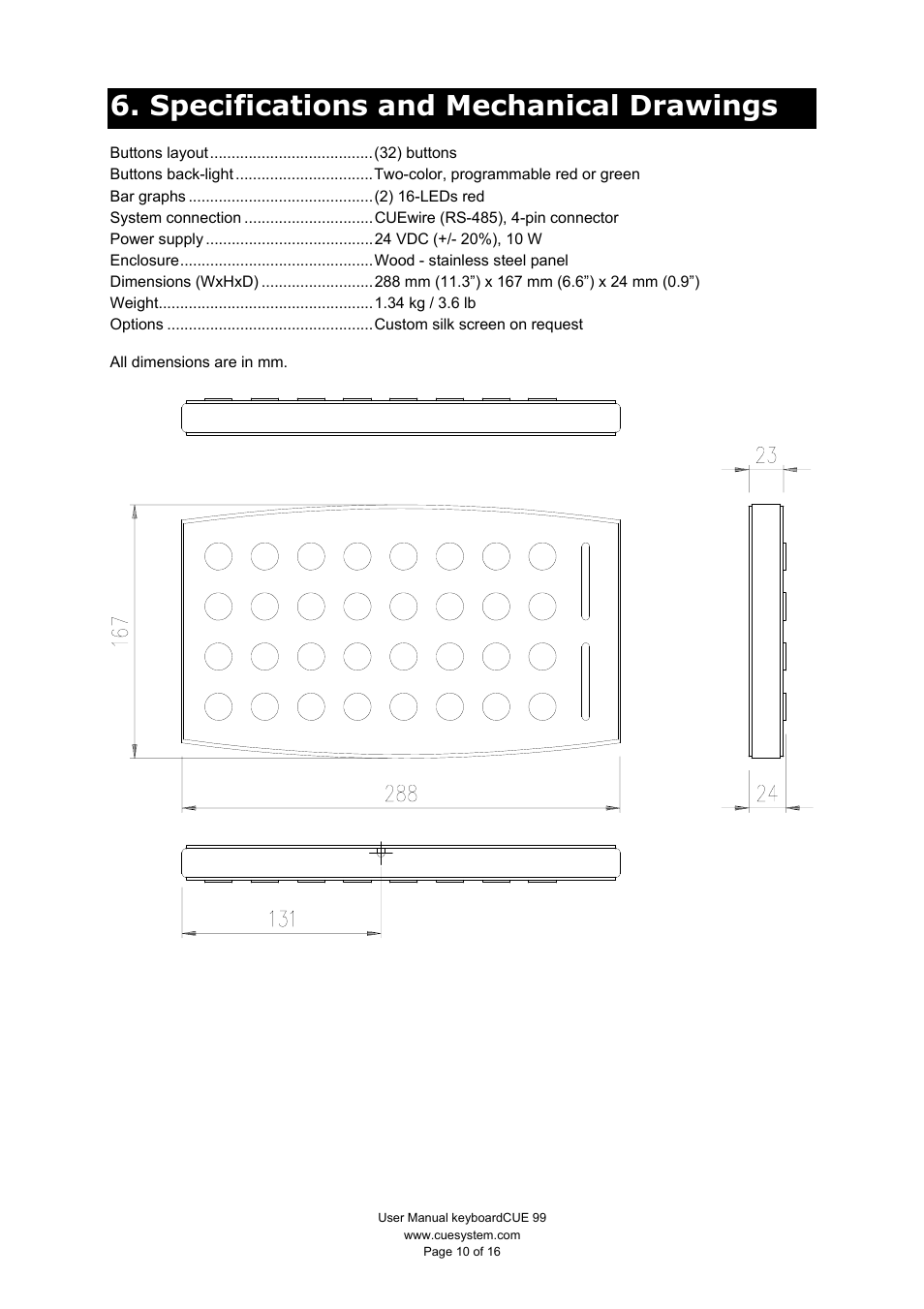 Specifications and mechanical drawings | CUE keyboardCUE User Manual | Page 10 / 16