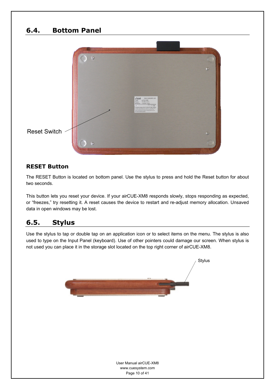 Bottom panel, Reset button, Stylus | CUE airCUE-XM8 User Manual | Page 10 / 41