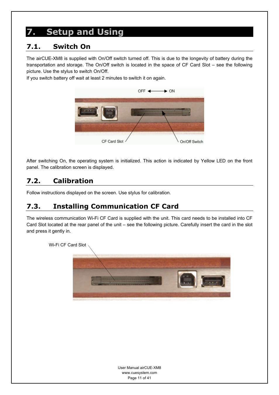 Setup and using, Switch on, Calibration | Installing communication cf card | CUE airCUE-XM8 User Manual | Page 11 / 41