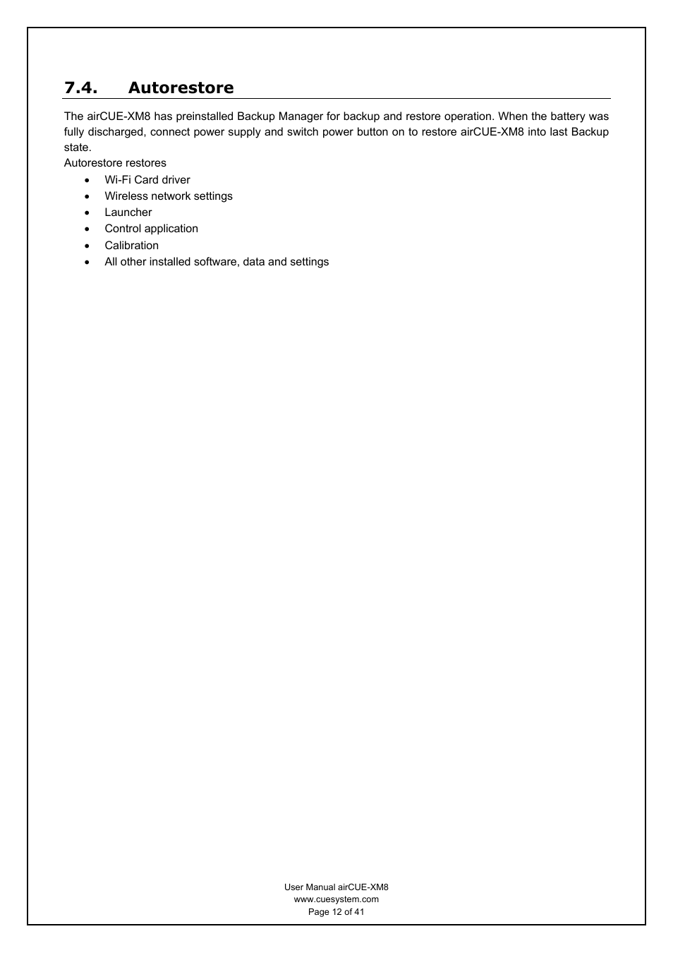 Autorestore | CUE airCUE-XM8 User Manual | Page 12 / 41