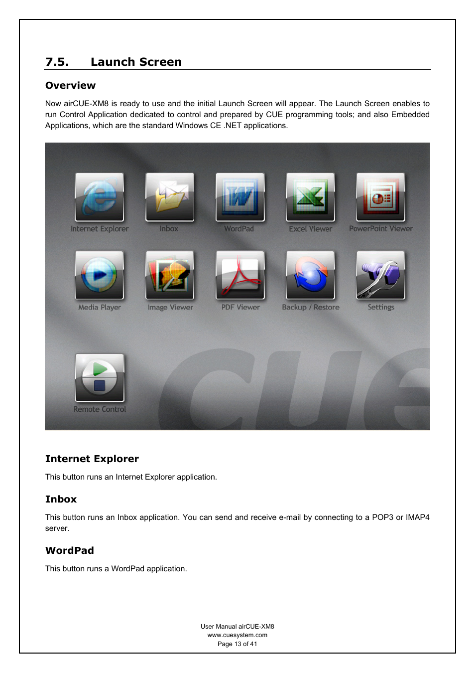 Launch screen, Overview, Internet explorer | Inbox, Wordpad | CUE airCUE-XM8 User Manual | Page 13 / 41
