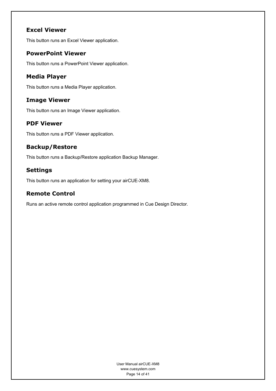 Excel viewer, Powerpoint viewer, Media player | Image viewer, Pdf viewer, Backup/restore, Settings, Remote control | CUE airCUE-XM8 User Manual | Page 14 / 41
