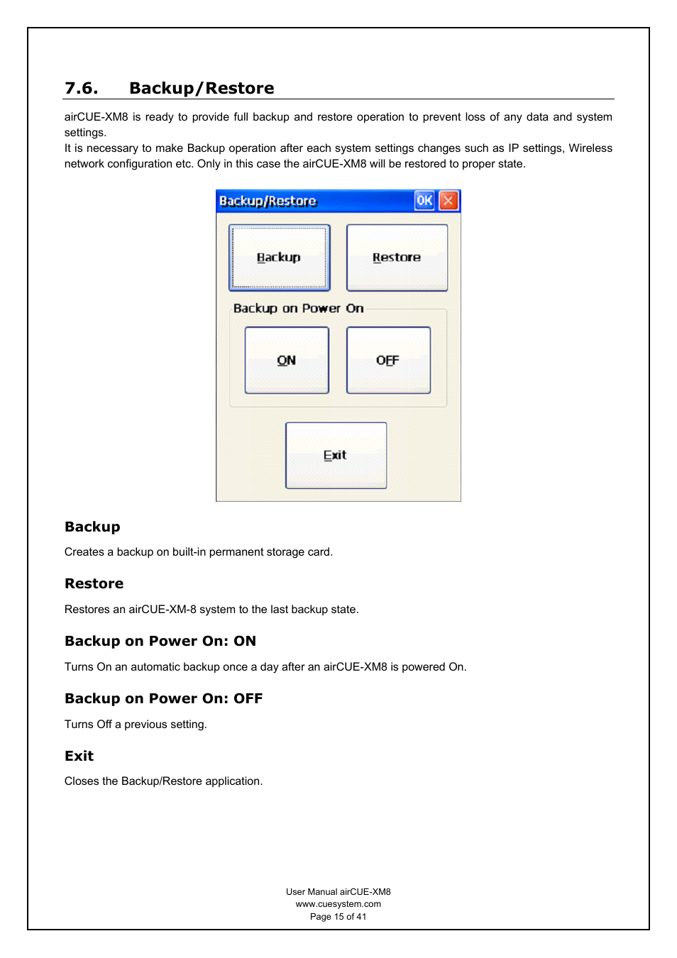 Backup/restore, Backup, Restore | Backup on power on: on, Backup on power on: off, Exit | CUE airCUE-XM8 User Manual | Page 15 / 41
