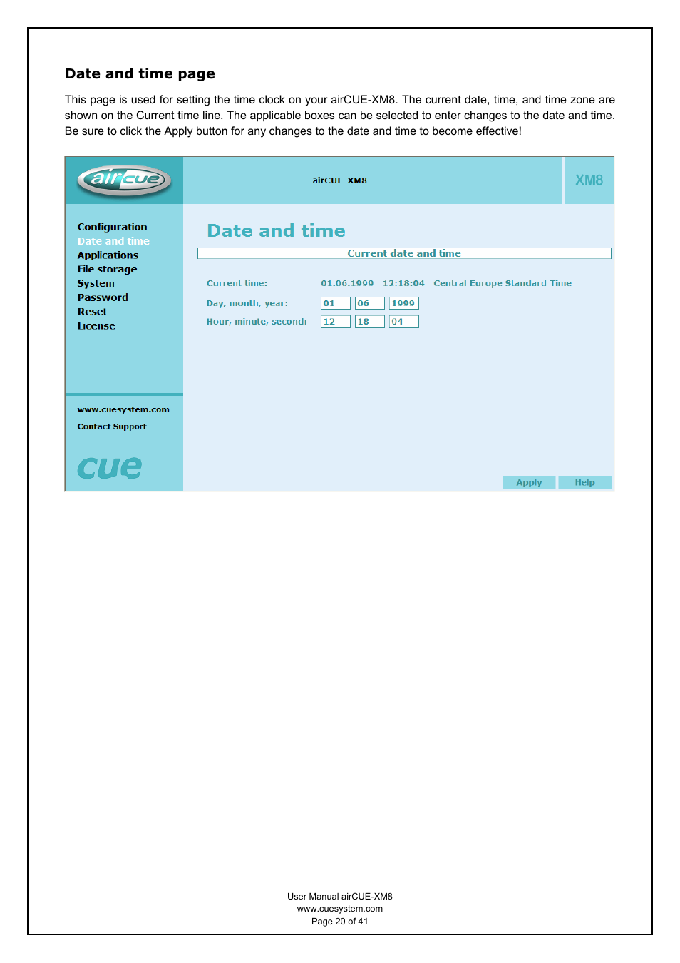 Date and time page | CUE airCUE-XM8 User Manual | Page 20 / 41