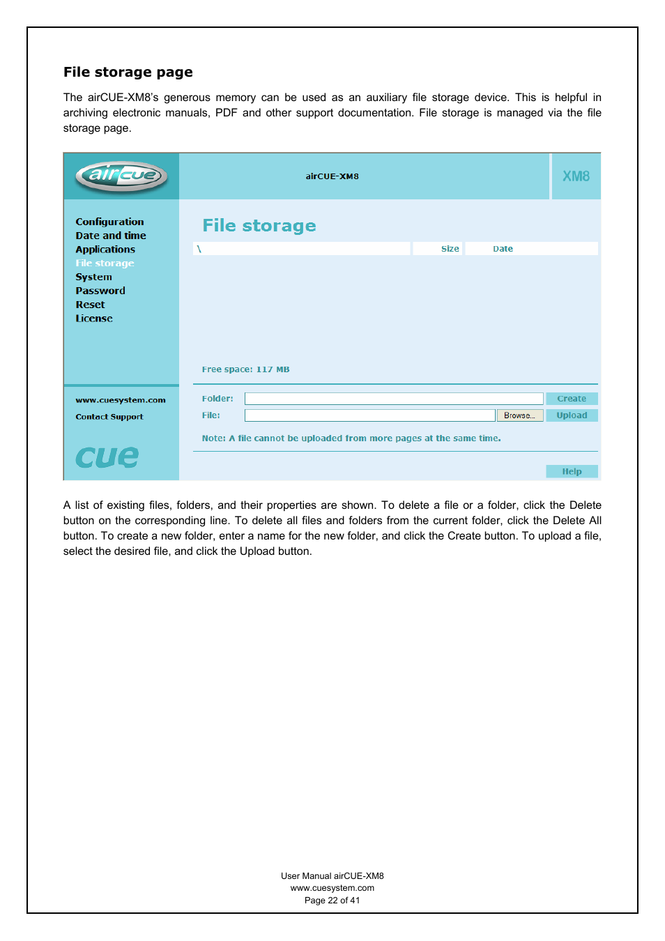 File storage page | CUE airCUE-XM8 User Manual | Page 22 / 41