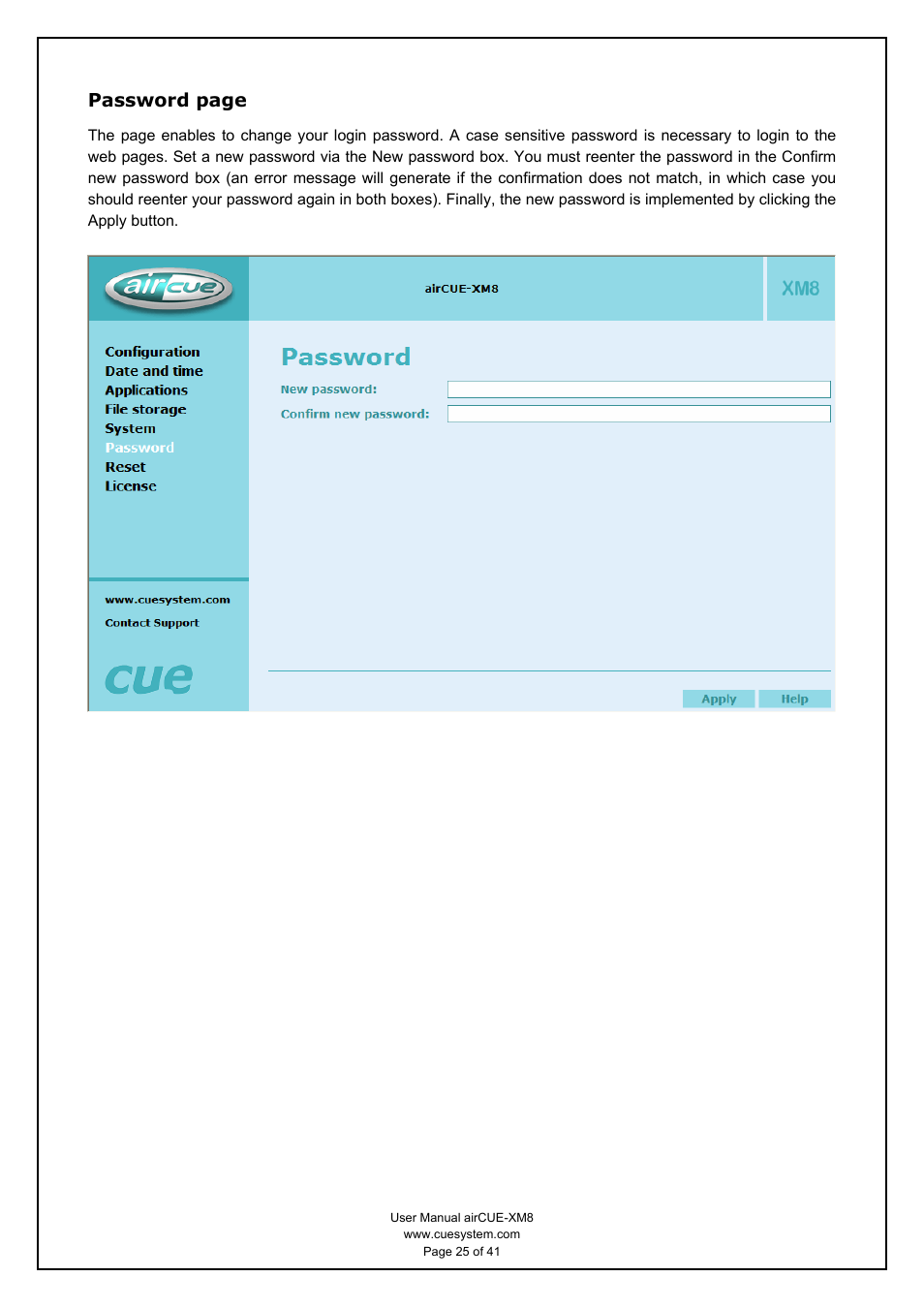 Password page | CUE airCUE-XM8 User Manual | Page 25 / 41