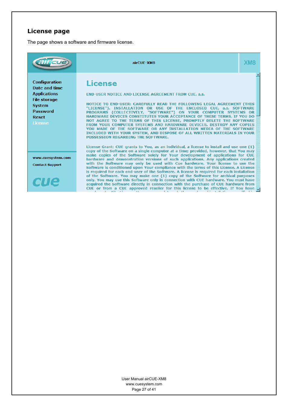 License page | CUE airCUE-XM8 User Manual | Page 27 / 41