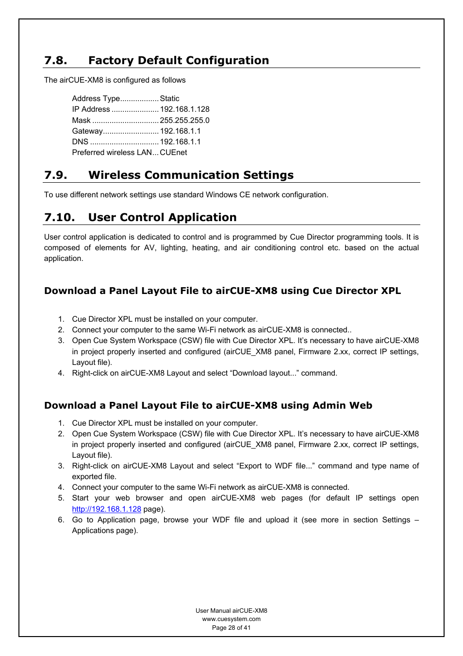 Factory default configuration, Wireless communication settings, User control application | CUE airCUE-XM8 User Manual | Page 28 / 41