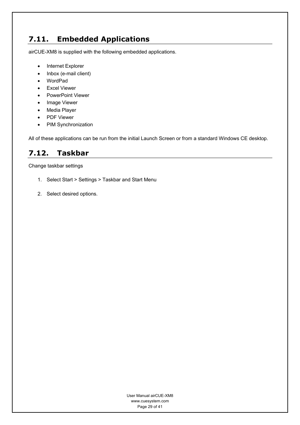 Embedded applications, Taskbar | CUE airCUE-XM8 User Manual | Page 29 / 41