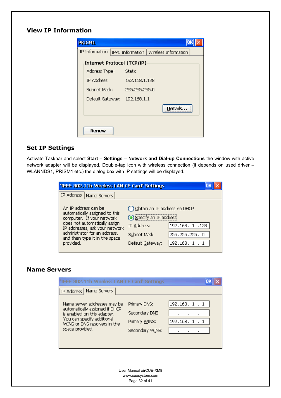 View ip information, Set ip settings, Name servers | CUE airCUE-XM8 User Manual | Page 32 / 41