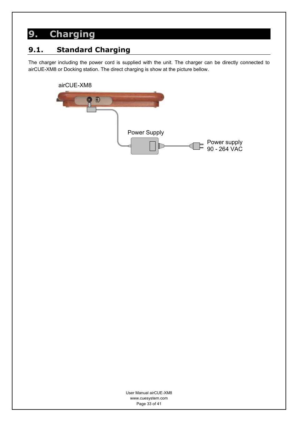 Charging, Standard charging | CUE airCUE-XM8 User Manual | Page 33 / 41