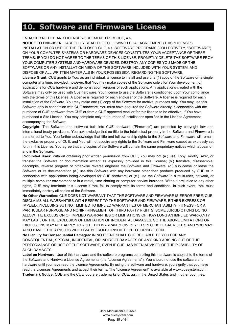 Software and firmware license | CUE airCUE-XM8 User Manual | Page 35 / 41