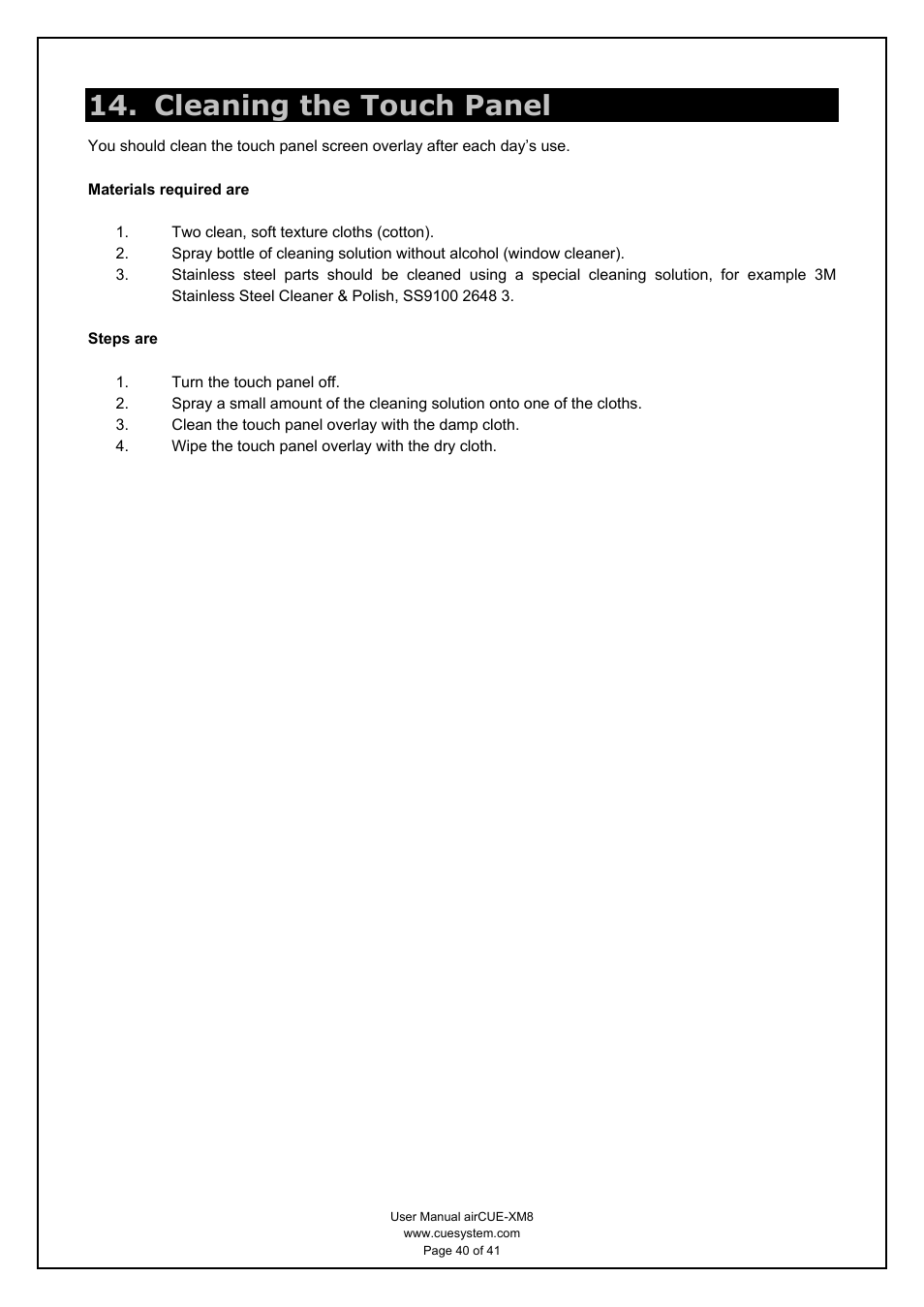 Cleaning the touch panel | CUE airCUE-XM8 User Manual | Page 40 / 41