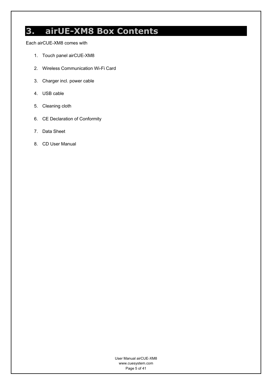 Airue-xm8 box contents | CUE airCUE-XM8 User Manual | Page 5 / 41