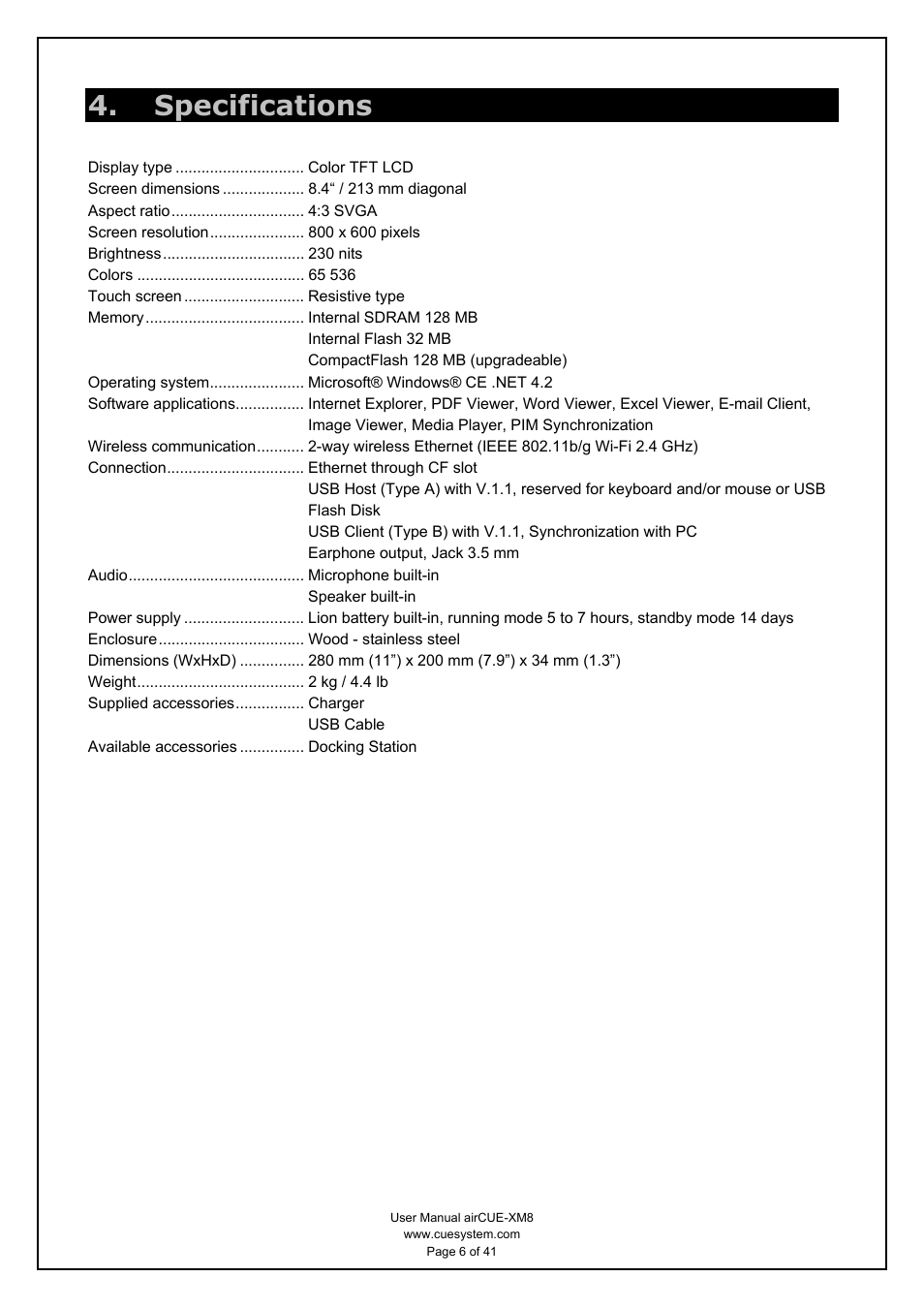 Specifications | CUE airCUE-XM8 User Manual | Page 6 / 41