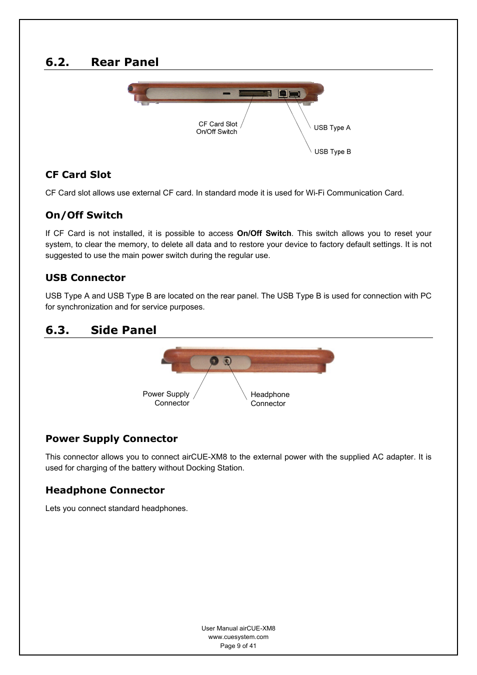 Rear panel, Cf card slot, On/off switch | Usb connector, Side panel, Power supply connector, Headphone connector | CUE airCUE-XM8 User Manual | Page 9 / 41