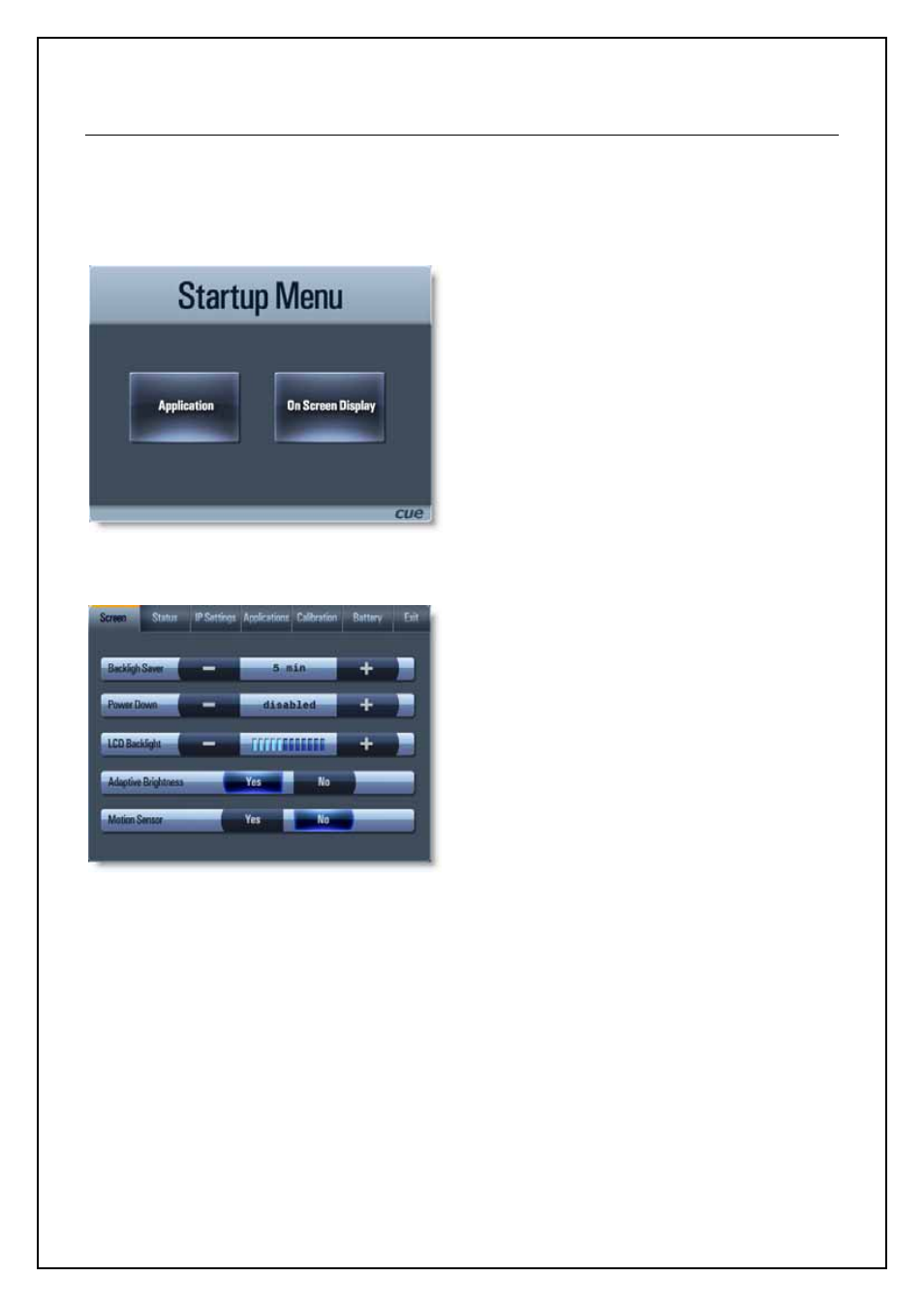 On screen display, Access, Startup menu | Screen | CUE airCUE-8X10 User Manual | Page 18 / 28