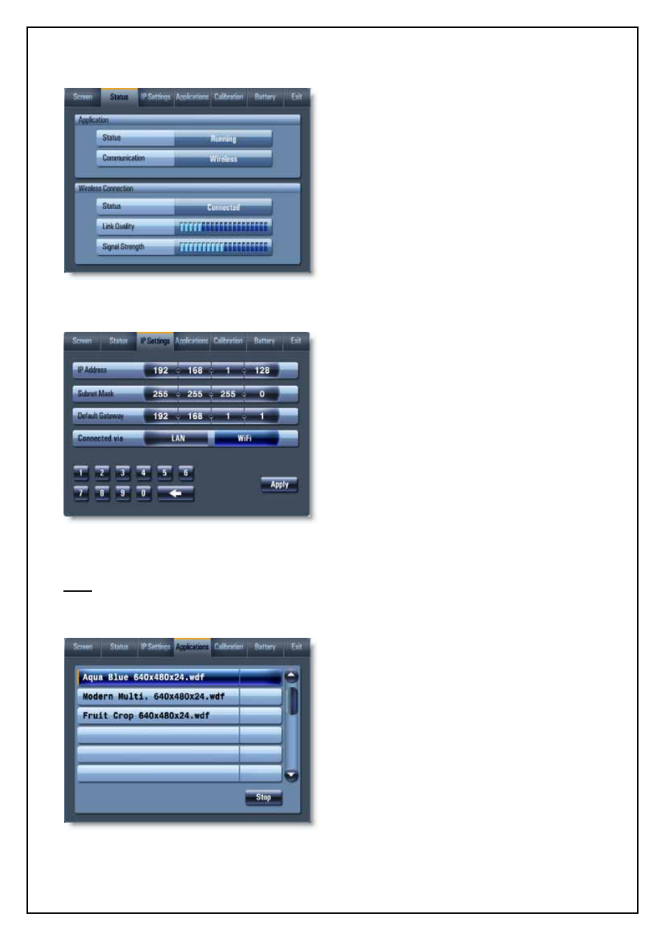 Status, Ip settings, Applications | CUE airCUE-8X10 User Manual | Page 19 / 28