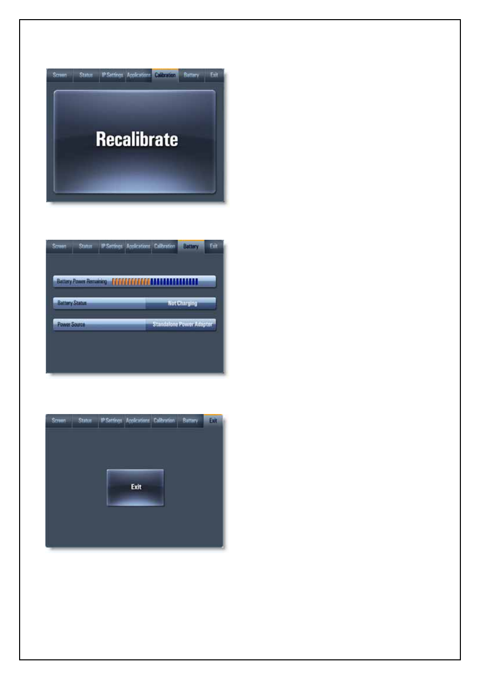 Calibration, Battery, Exit | CUE airCUE-8X10 User Manual | Page 20 / 28