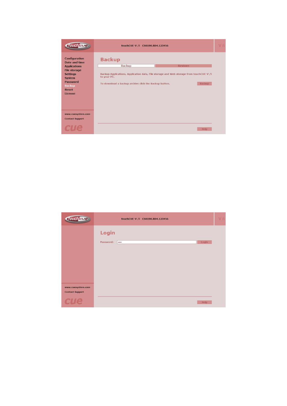 Backup page, Login page | CUE touchCUE-V i User Manual | Page 20 / 27