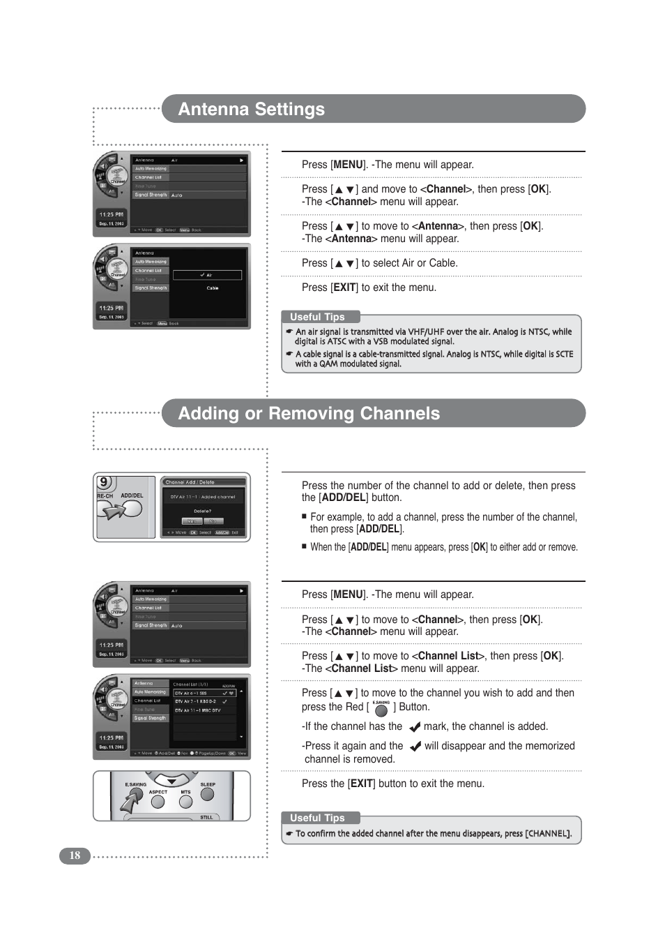 Antenna settings, Adding or removing channels, 1adding or deleting the current channel | COBY electronic TF-TV3209 User Manual | Page 18 / 44