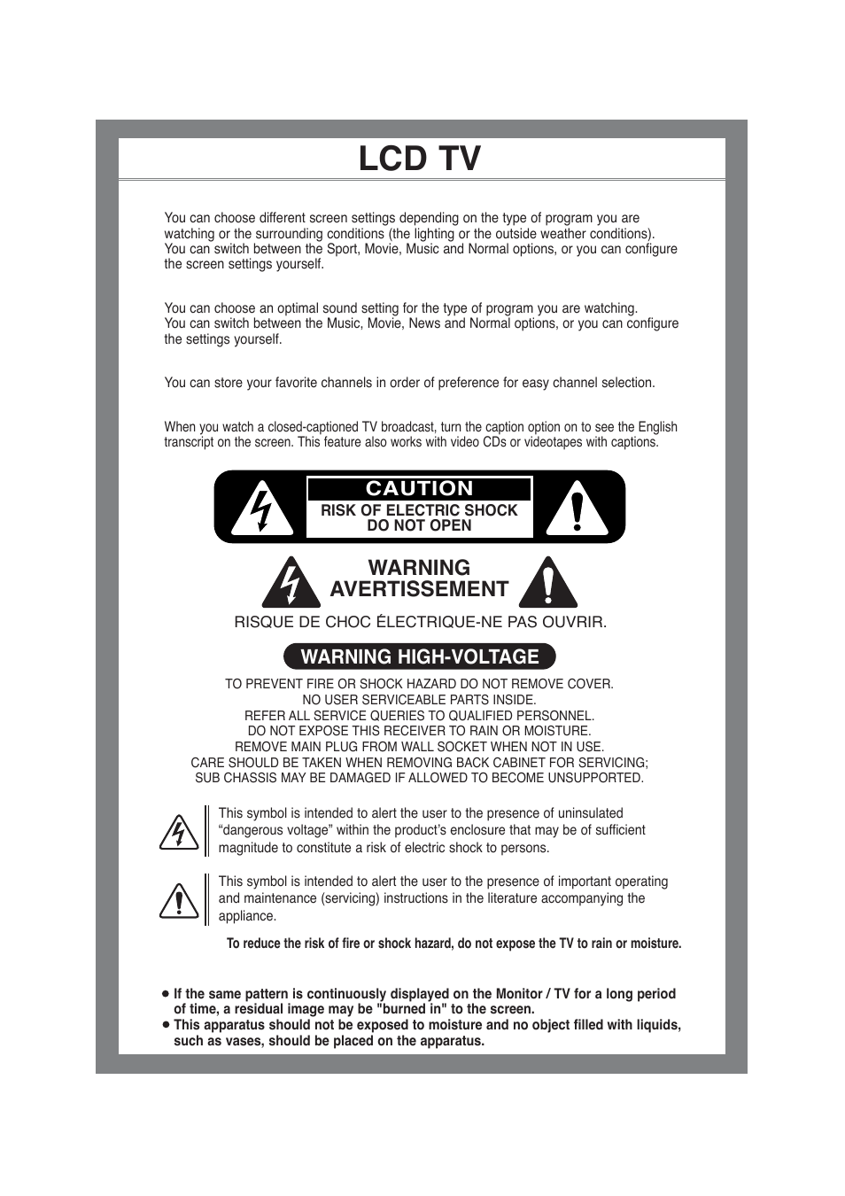 Lcd tv, Warning avertissement, Caution warning high-voltage | COBY electronic TF-TV3209 User Manual | Page 2 / 44