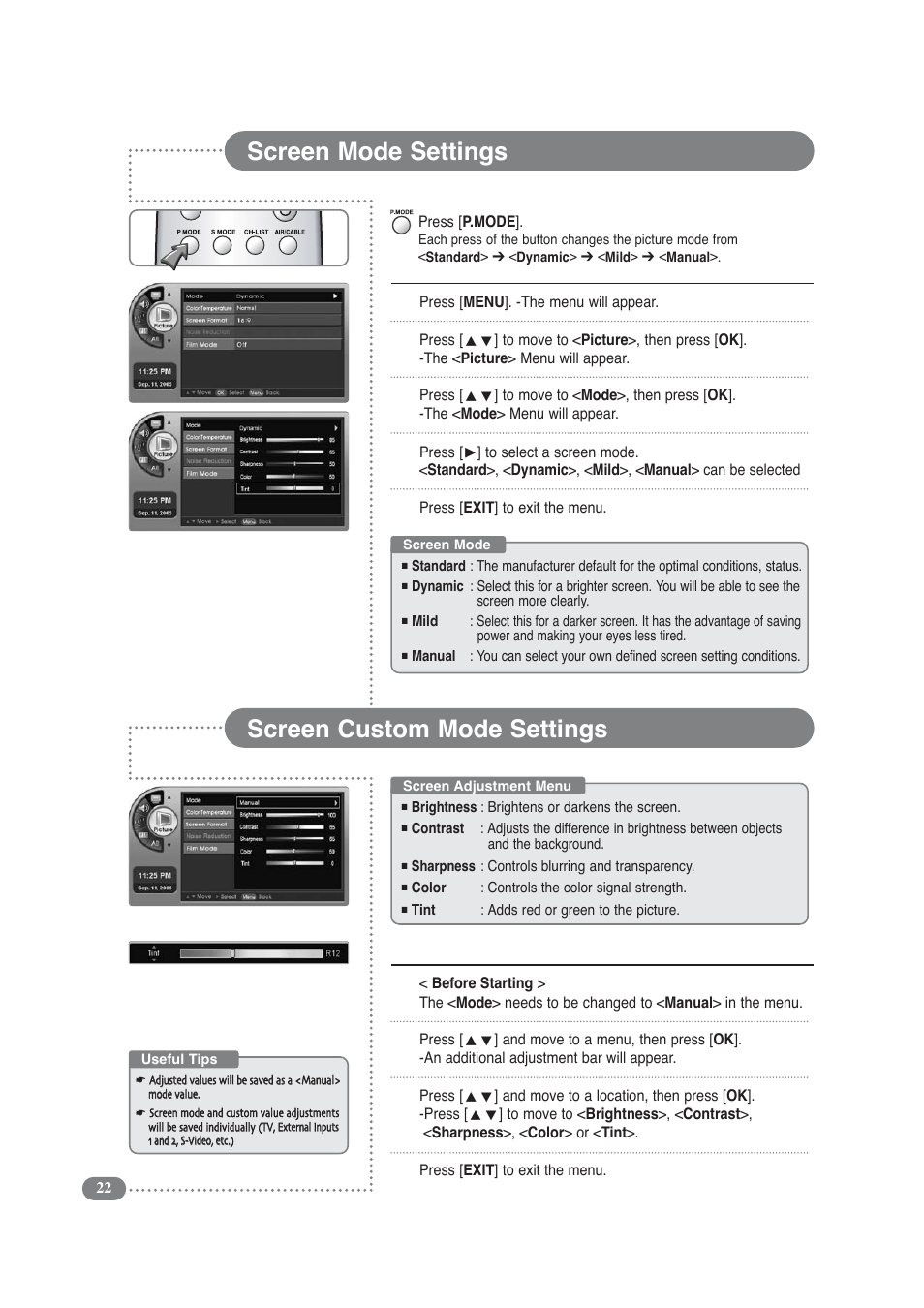 Screen mode settings screen custom mode settings, 12 3 4 adjusting the user screen | COBY electronic TF-TV3209 User Manual | Page 22 / 44