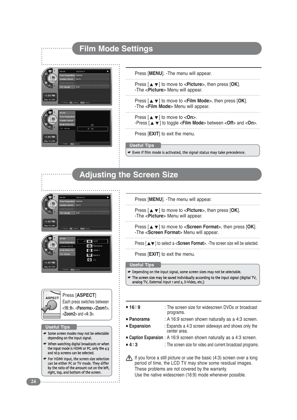 Film mode settings, Adjusting the screen size, Screen size menu | COBY electronic TF-TV3209 User Manual | Page 24 / 44