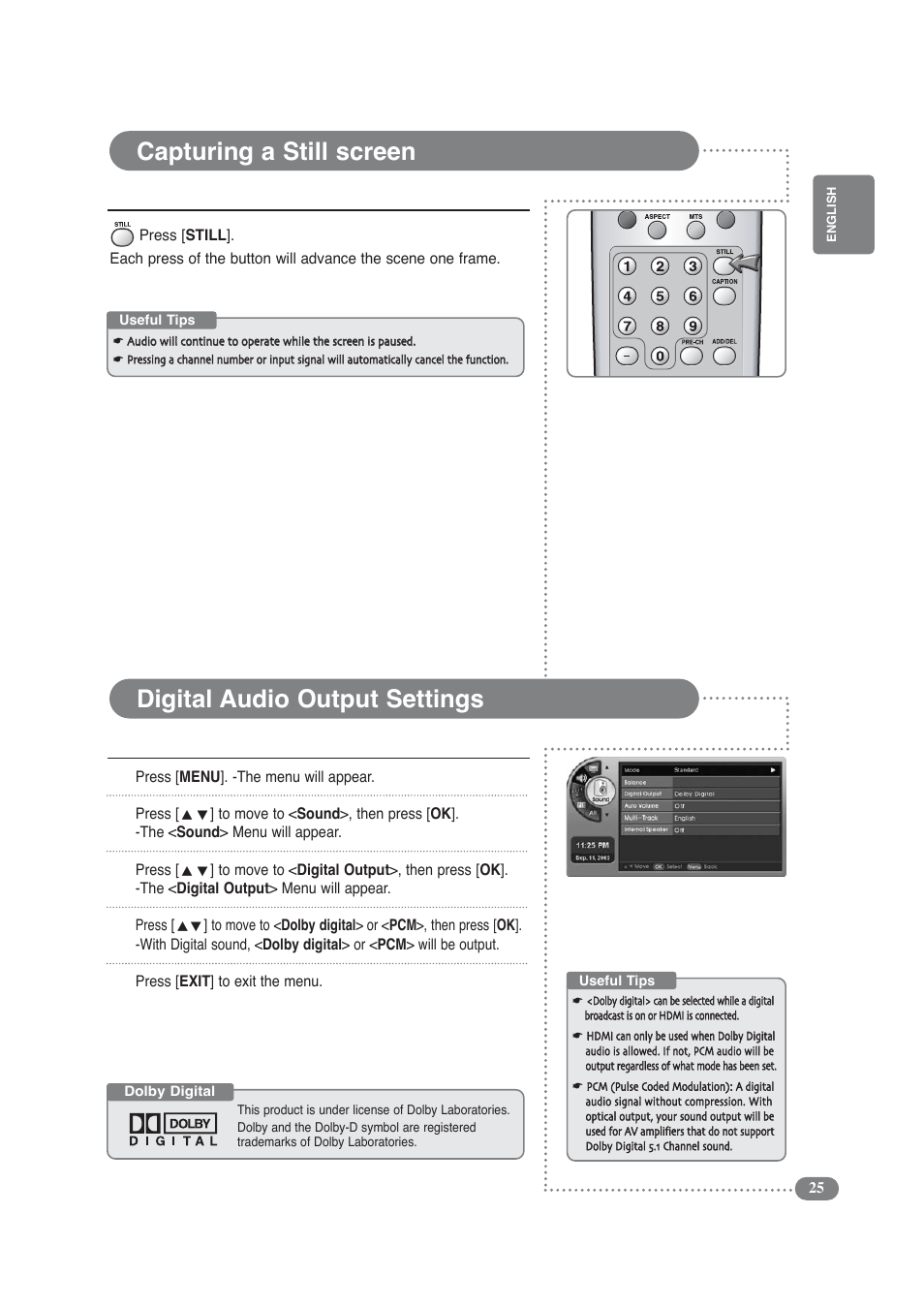 Capturing a still screen, Digital audio output settings | COBY electronic TF-TV3209 User Manual | Page 25 / 44