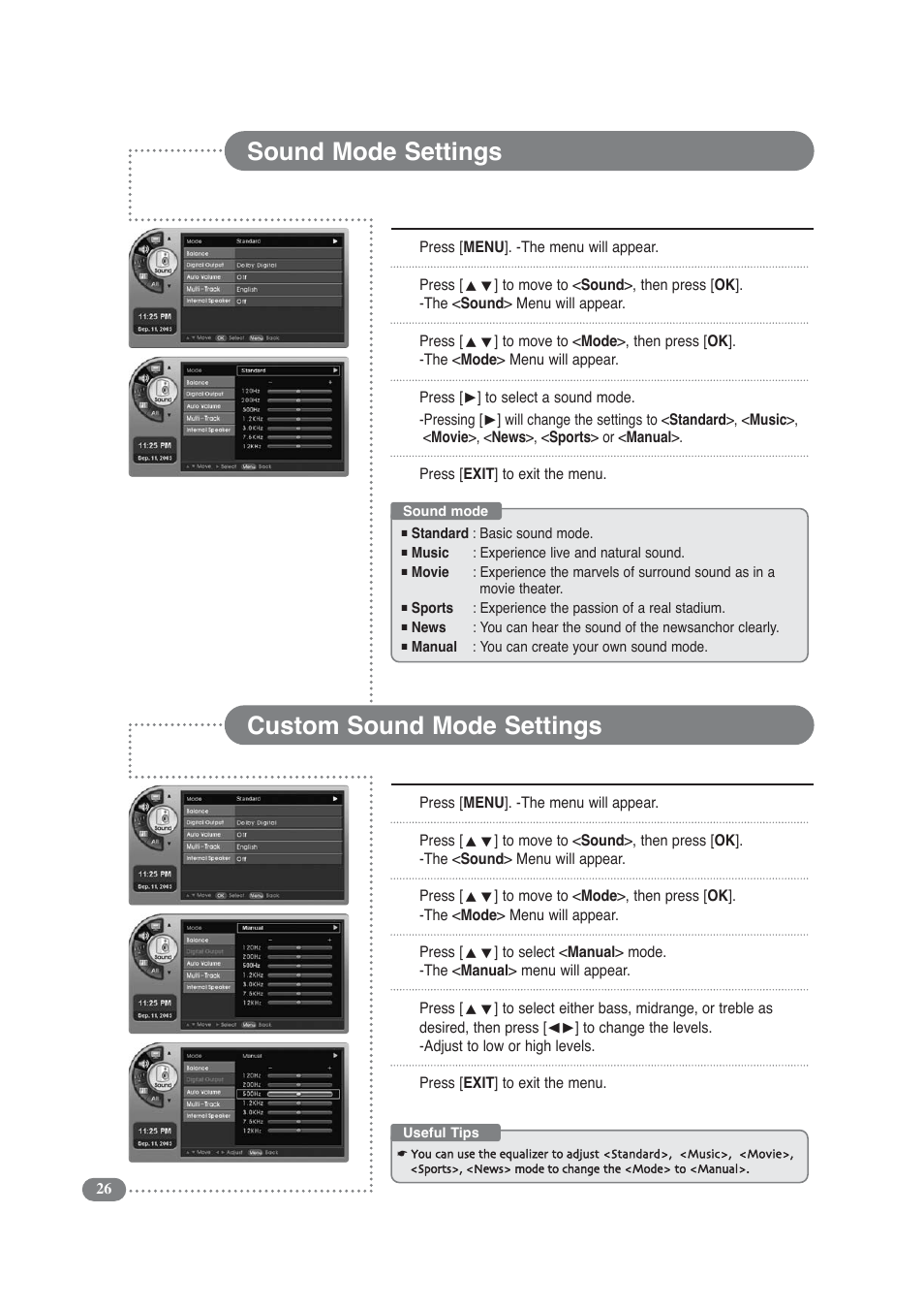 Sound mode settings, Custom sound mode settings | COBY electronic TF-TV3209 User Manual | Page 26 / 44