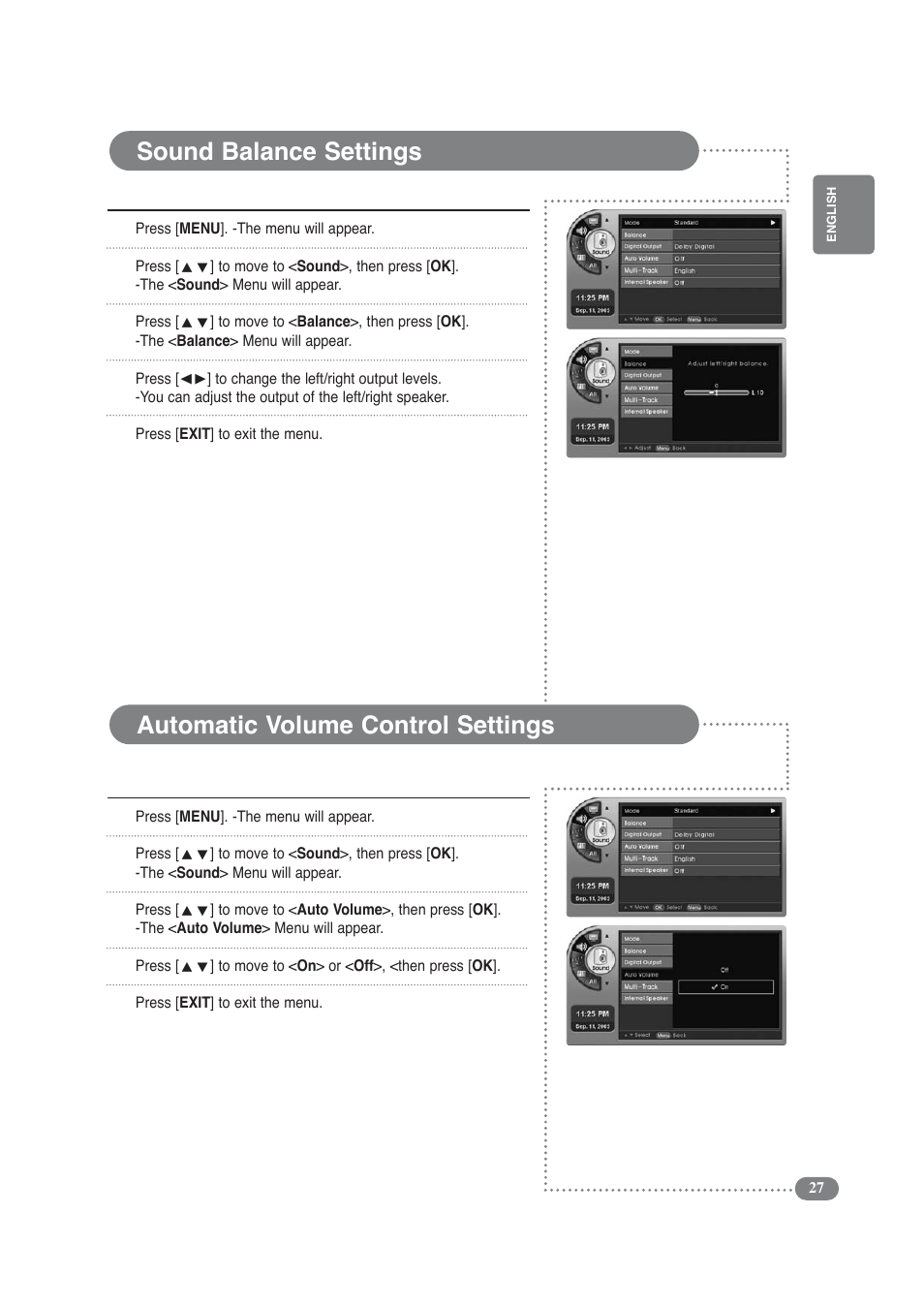 Sound balance settings, Automatic volume control settings | COBY electronic TF-TV3209 User Manual | Page 27 / 44